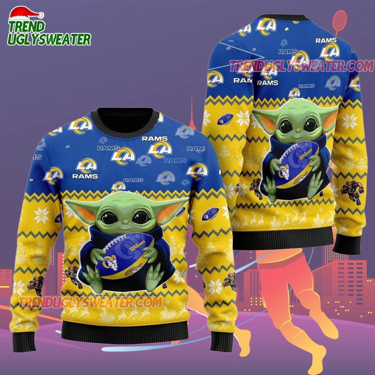 Los Angeles Rams Baby Yoda Hug The Ball Christmas Ugly Sweater Los Angeles Rams Baby Yoda Hug The Ball Christmas Ugly Sweater