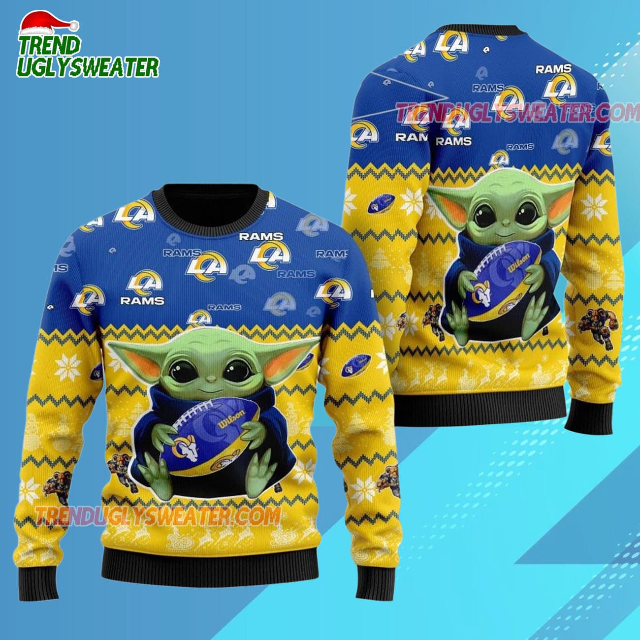 Los Angeles Rams Baby Yoda Hug The Ball Christmas Ugly Sweater Los Angeles Rams Baby Yoda Hug The Ball Christmas Ugly Sweater