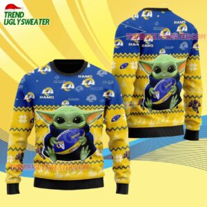 Los Angeles Rams Baby Yoda Hug The Ball Christmas Ugly Sweater 4