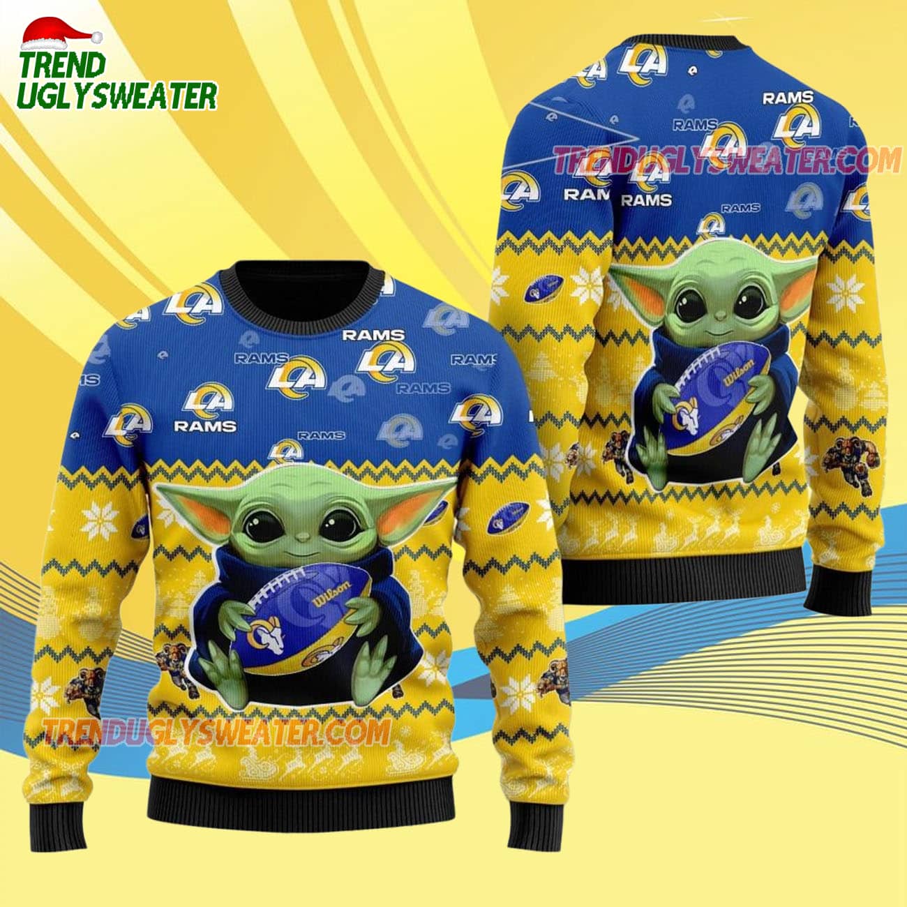 Los Angeles Rams Baby Yoda Hug The Ball Christmas Ugly Sweater Los Angeles Rams Baby Yoda Hug The Ball Christmas Ugly Sweater