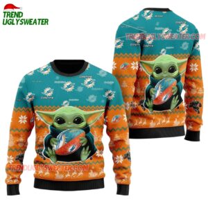 Miami Dolphins Baby Yoda Hug The Ball Christmas Ugly Sweater 1