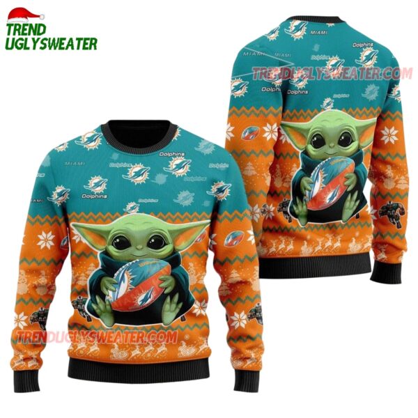 Miami Dolphins Baby Yoda Hug The Ball Christmas Ugly Sweater 1