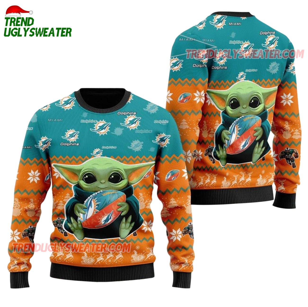 Miami Dolphins Baby Yoda Hug The Ball Christmas Ugly Sweater Miami Dolphins Baby Yoda Hug The Ball Christmas Ugly Sweater