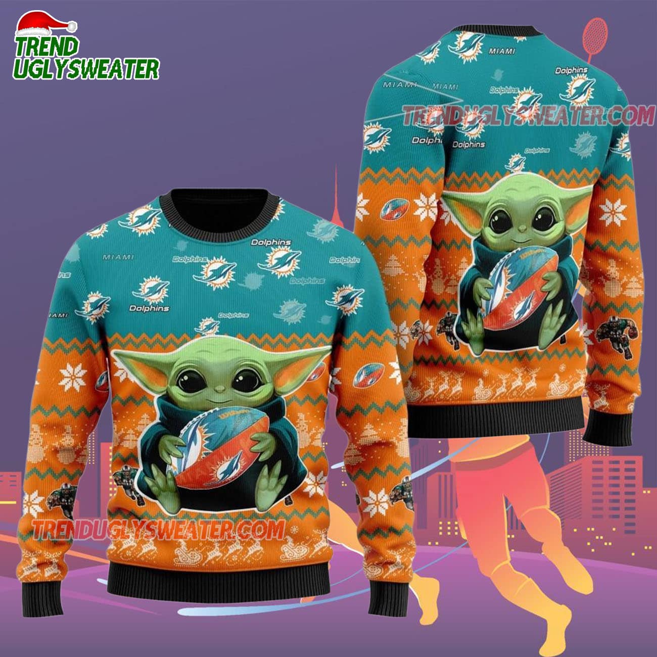 Miami Dolphins Baby Yoda Hug The Ball Christmas Ugly Sweater Miami Dolphins Baby Yoda Hug The Ball Christmas Ugly Sweater