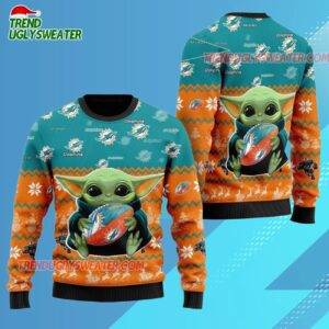 Miami Dolphins Baby Yoda Hug The Ball Christmas Ugly Sweater 3