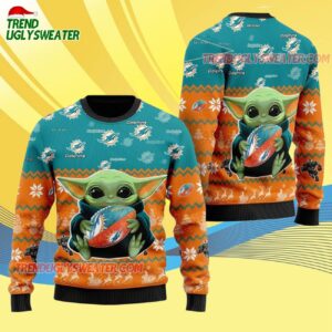 Miami Dolphins Baby Yoda Hug The Ball Christmas Ugly Sweater 4