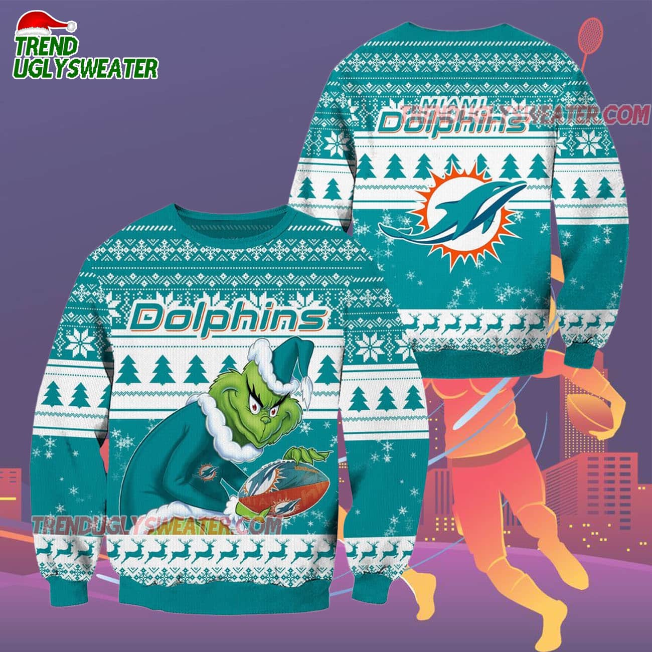 Miami Dolphins Football Grinch Christmas Ugly Sweater Miami Dolphins Football Grinch Christmas Ugly Sweater