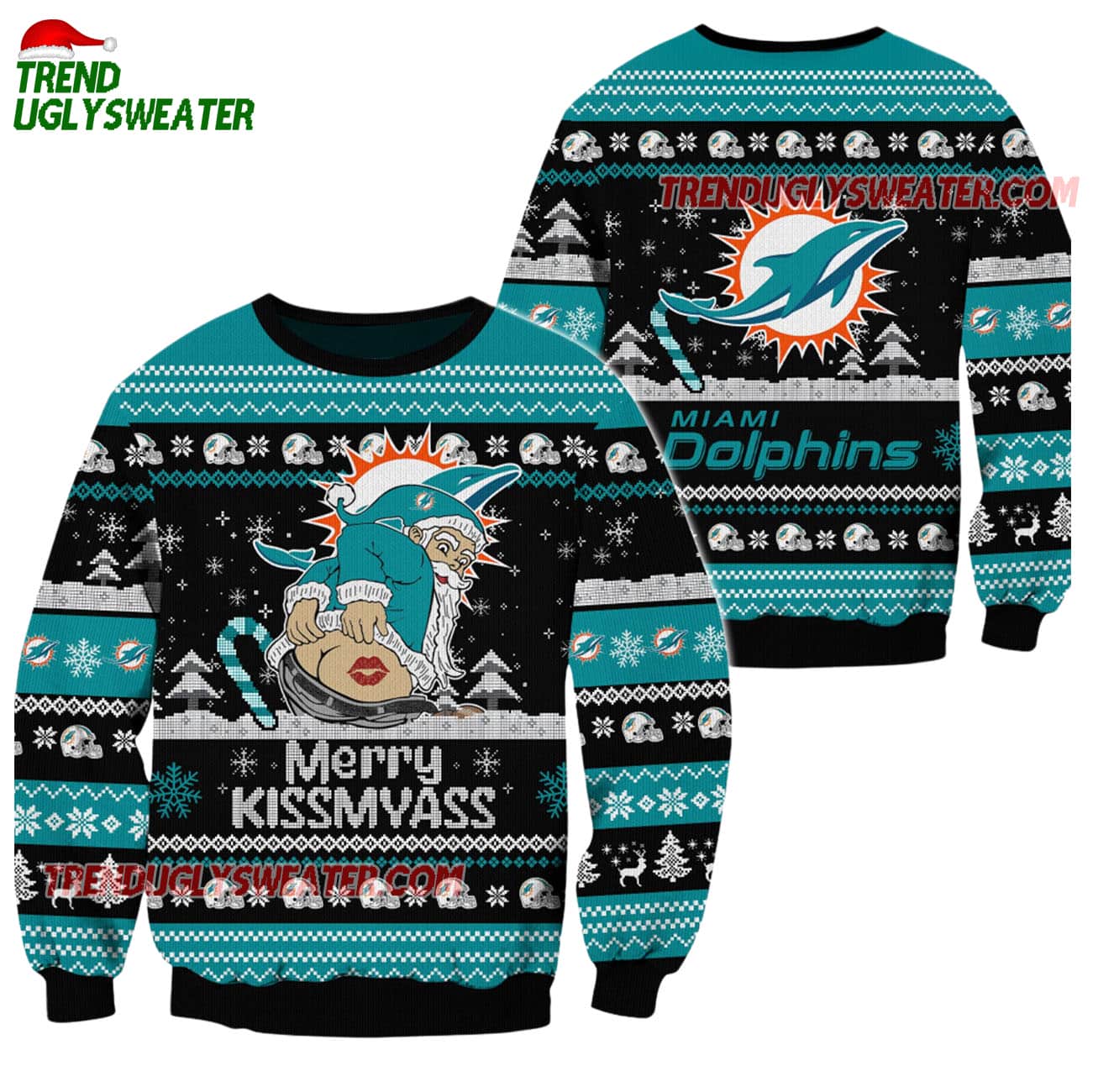 Miami Dolphins Merrykissmyass Funny Santa Claus Christmas Ugly Sweater Miami Dolphins Merrykissmyass Funny Santa Claus Christmas Ugly Sweater