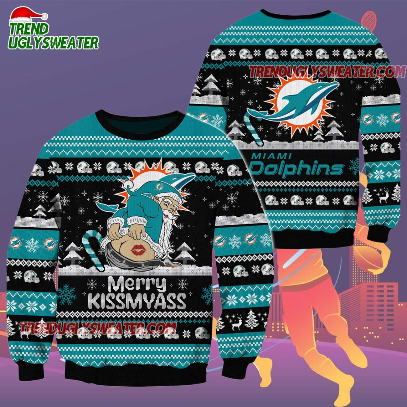 Miami Dolphins Merrykissmyass Funny Santa Claus Christmas Ugly Sweater Miami Dolphins Merrykissmyass Funny Santa Claus Christmas Ugly Sweater