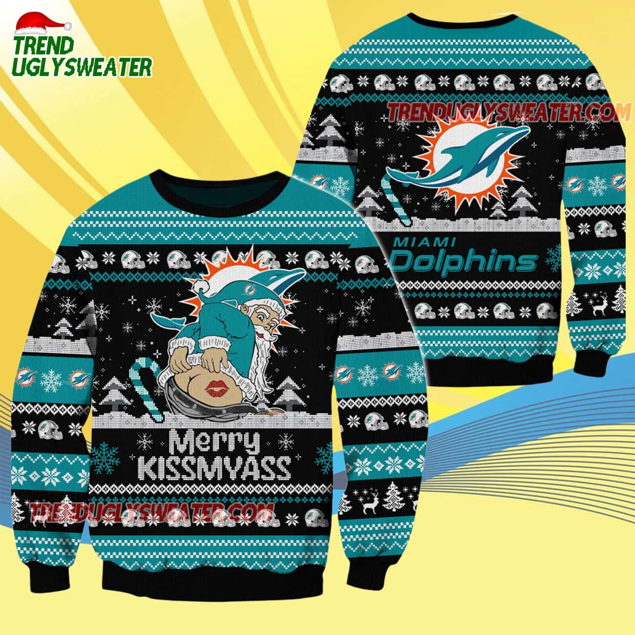 Miami Dolphins Merrykissmyass Funny Santa Claus Christmas Ugly Sweater Miami Dolphins Merrykissmyass Funny Santa Claus Christmas Ugly Sweater