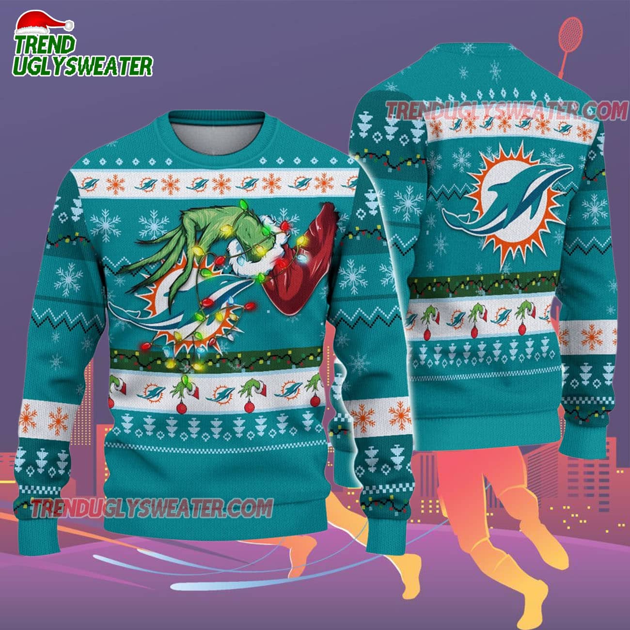 Miami Dolphins Special Grinchs Hand Football Christmas Ugly Sweater Miami Dolphins Special Grinchs Hand Football Christmas Ugly Sweater