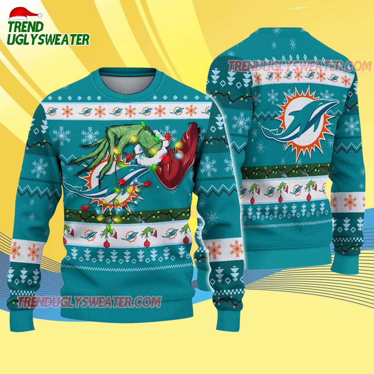 Miami Dolphins Special Grinchs Hand Football Christmas Ugly Sweater Miami Dolphins Special Grinchs Hand Football Christmas Ugly Sweater