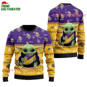 Minnesota Vikings Baby Yoda Hug The Ball Christmas Ugly Sweater 1