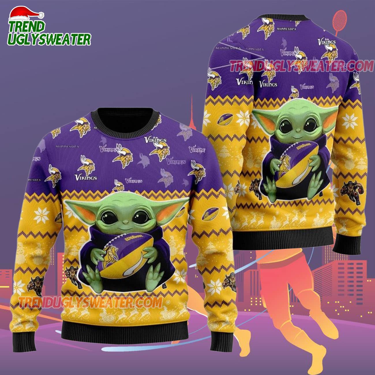 Minnesota Vikings Baby Yoda Hug The Ball Christmas Ugly Sweater Minnesota Vikings Baby Yoda Hug The Ball Christmas Ugly Sweater