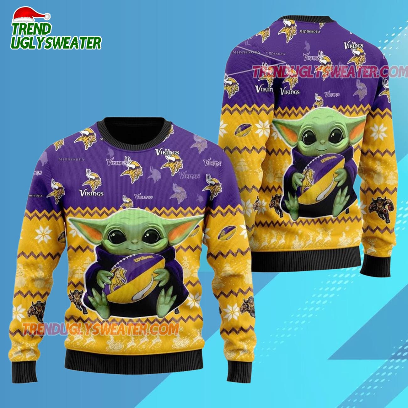 Minnesota Vikings Baby Yoda Hug The Ball Christmas Ugly Sweater Minnesota Vikings Baby Yoda Hug The Ball Christmas Ugly Sweater