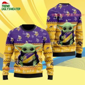 Minnesota Vikings Baby Yoda Hug The Ball Christmas Ugly Sweater 4