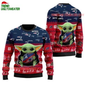 New England Patriots Baby Yoda Hug The Ball Christmas Ugly Sweater 1