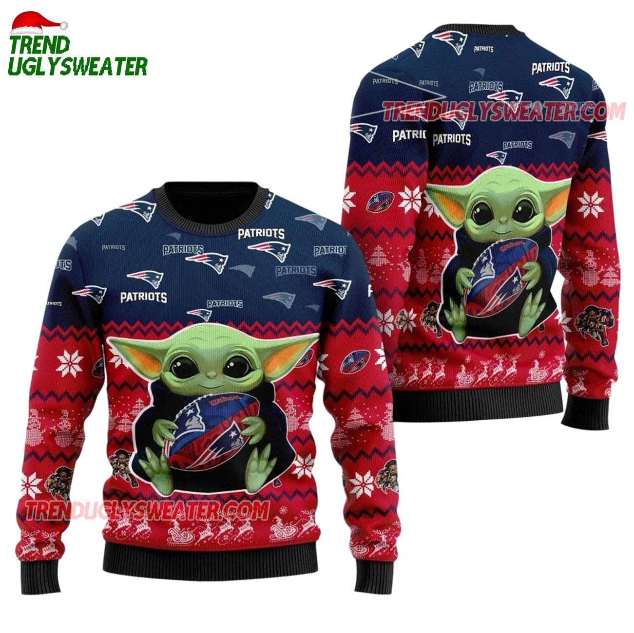 New England Patriots Baby Yoda Hug The Ball Christmas Ugly Sweater New England Patriots Baby Yoda Hug The Ball Christmas Ugly Sweater