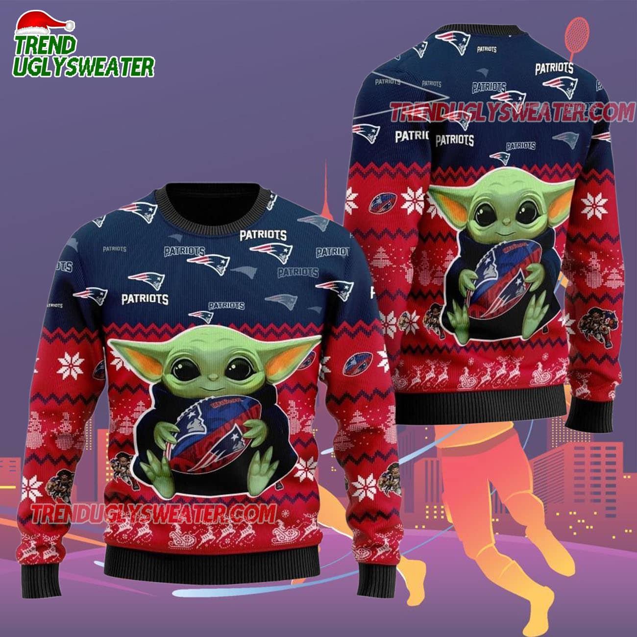 New England Patriots Baby Yoda Hug The Ball Christmas Ugly Sweater New England Patriots Baby Yoda Hug The Ball Christmas Ugly Sweater
