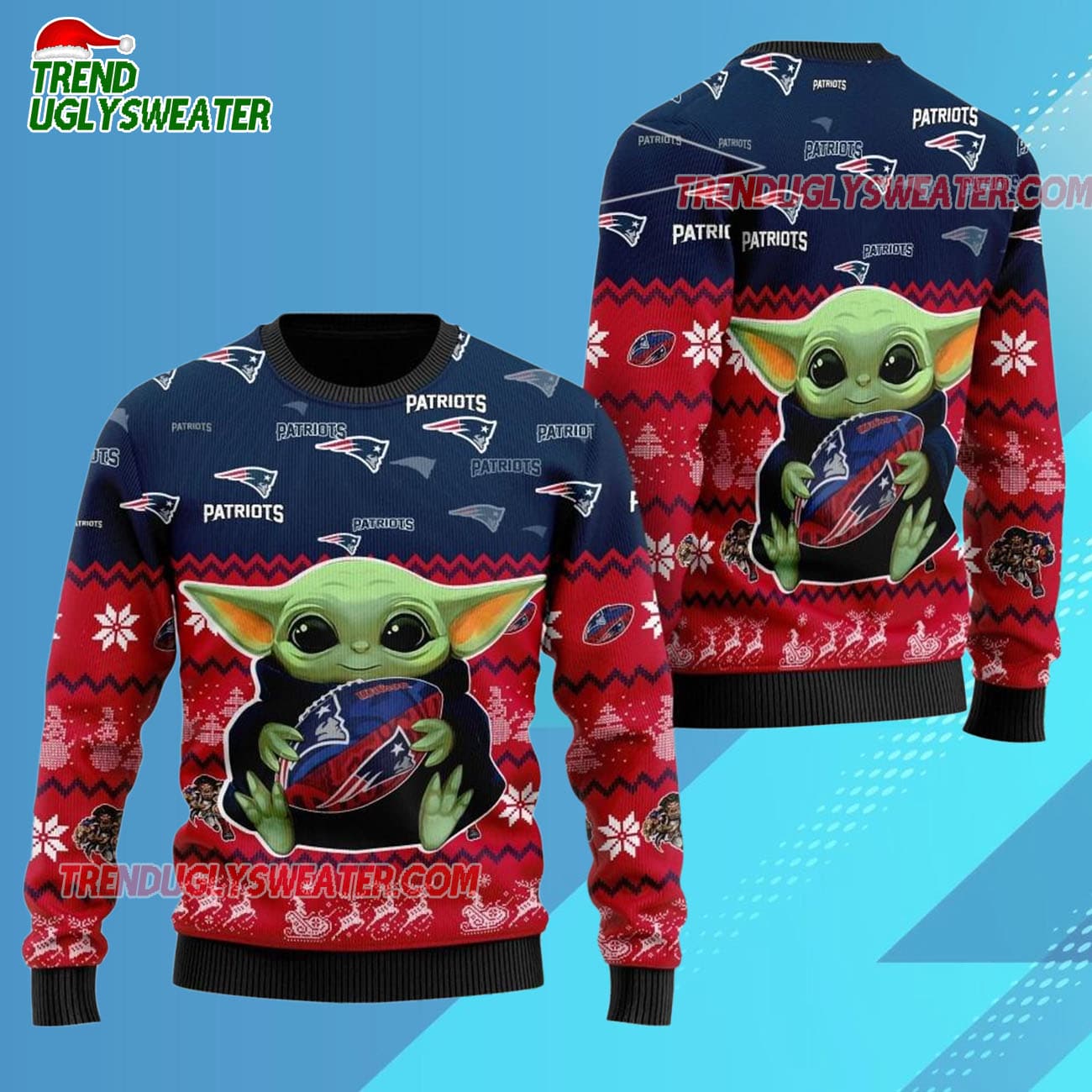 New England Patriots Baby Yoda Hug The Ball Christmas Ugly Sweater New England Patriots Baby Yoda Hug The Ball Christmas Ugly Sweater