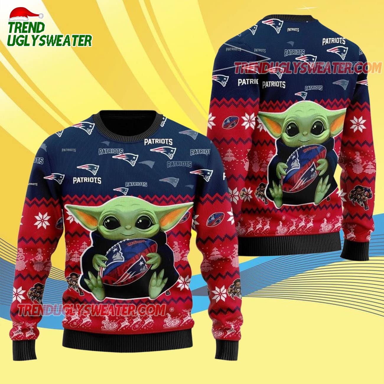 New England Patriots Baby Yoda Hug The Ball Christmas Ugly Sweater New England Patriots Baby Yoda Hug The Ball Christmas Ugly Sweater