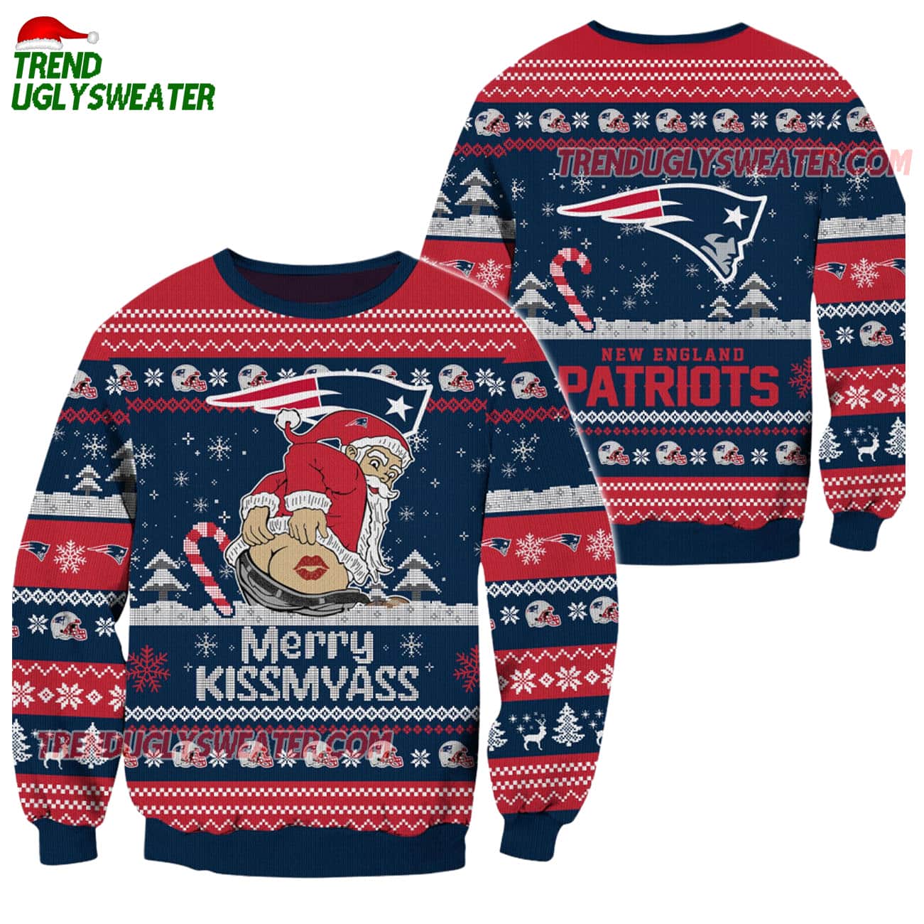 New England Patriots Merrykissmyass Funny Santa Claus Christmas Ugly Sweater New England Patriots Merrykissmyass Funny Santa Claus Christmas Ugly Sweater