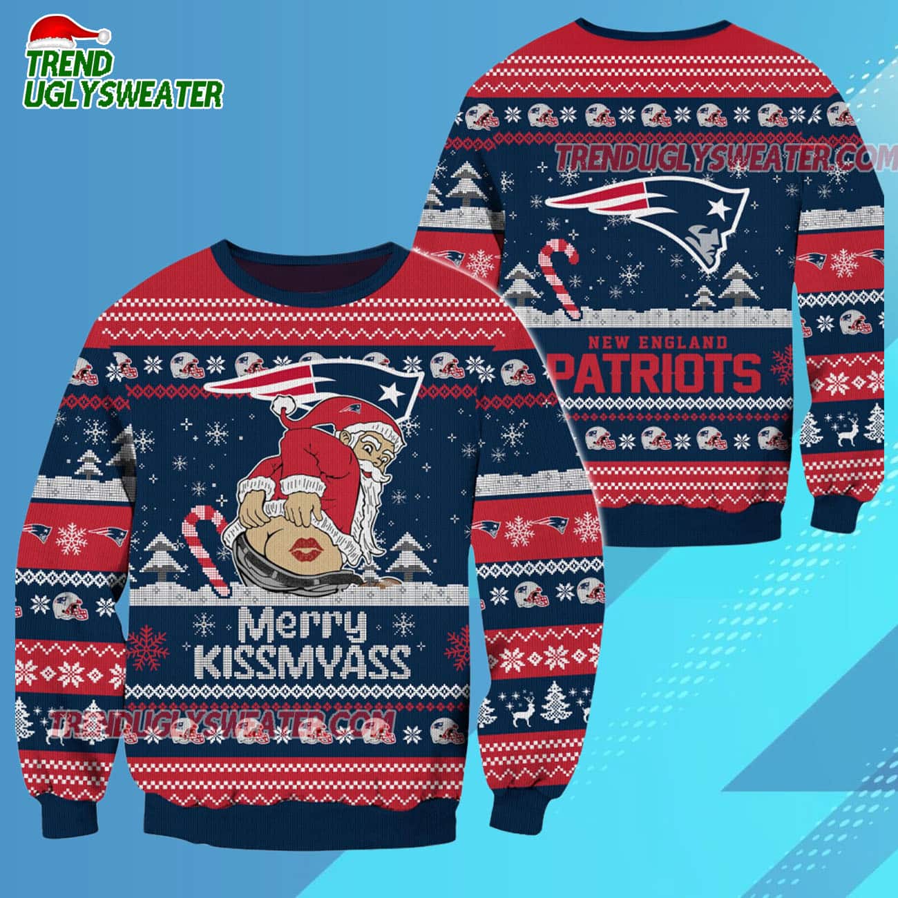 New England Patriots Merrykissmyass Funny Santa Claus Christmas Ugly Sweater New England Patriots Merrykissmyass Funny Santa Claus Christmas Ugly Sweater