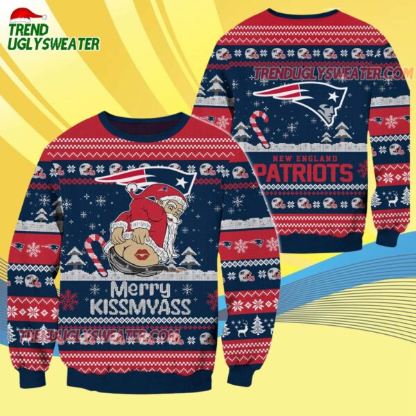 New England Patriots Merrykissmyass Funny Santa Claus Christmas Ugly Sweater 4