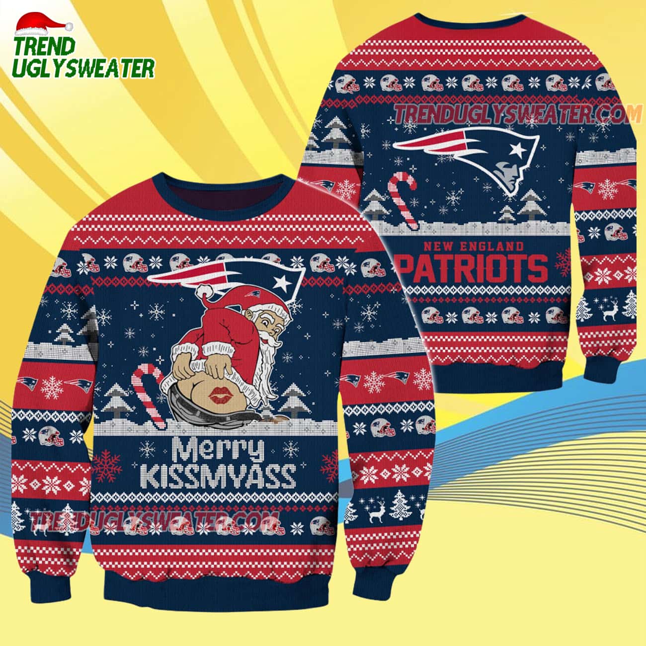 New England Patriots Merrykissmyass Funny Santa Claus Christmas Ugly Sweater New England Patriots Merrykissmyass Funny Santa Claus Christmas Ugly Sweater