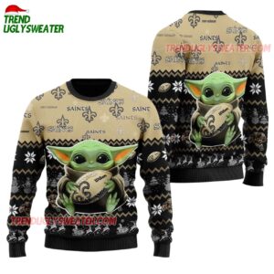 New Orleans Saints Baby Yoda Hug The Ball Christmas Ugly Sweater 1