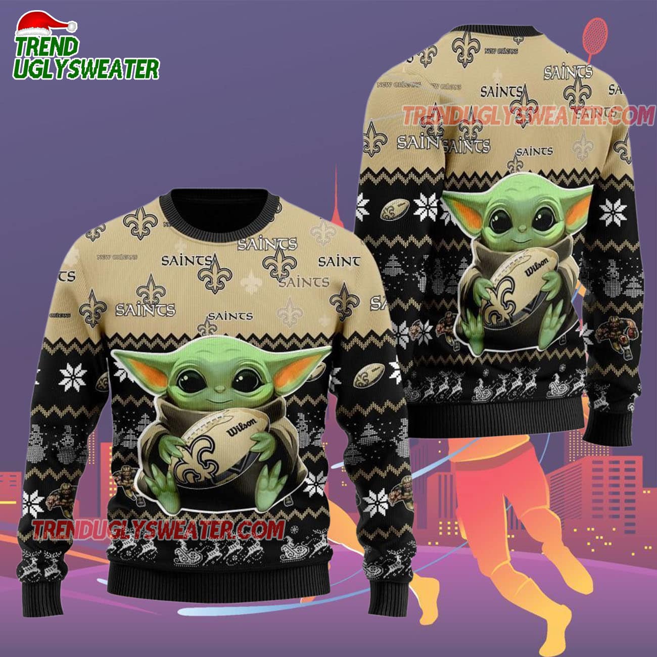 New Orleans Saints Baby Yoda Hug The Ball Christmas Ugly Sweater New Orleans Saints Baby Yoda Hug The Ball Christmas Ugly Sweater