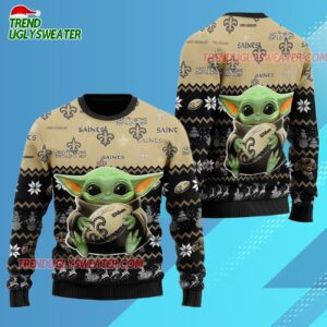 New Orleans Saints Baby Yoda Hug The Ball Christmas Ugly Sweater 3
