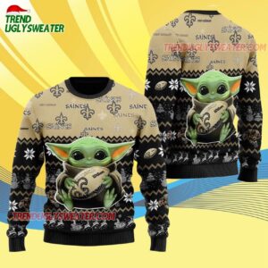 New Orleans Saints Baby Yoda Hug The Ball Christmas Ugly Sweater 4