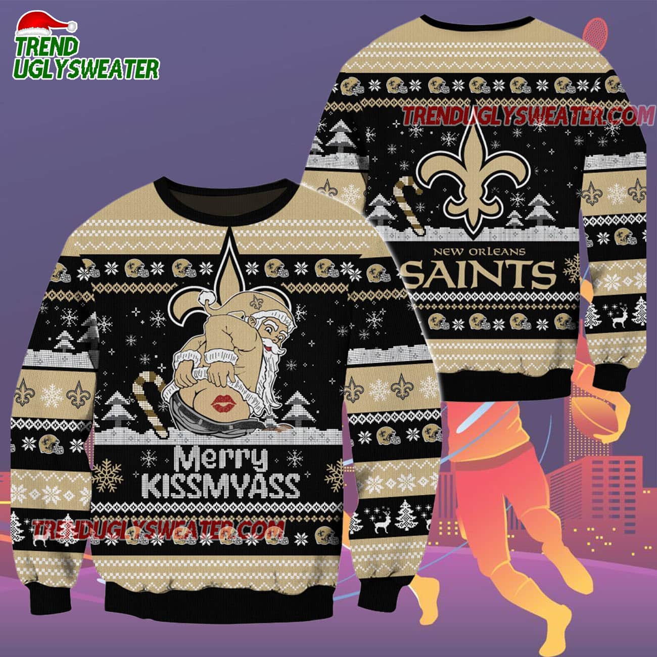 New Orleans Saints Merrykissmyass Funny Santa Claus Christmas Ugly Sweater New Orleans Saints Merrykissmyass Funny Santa Claus Christmas Ugly Sweater