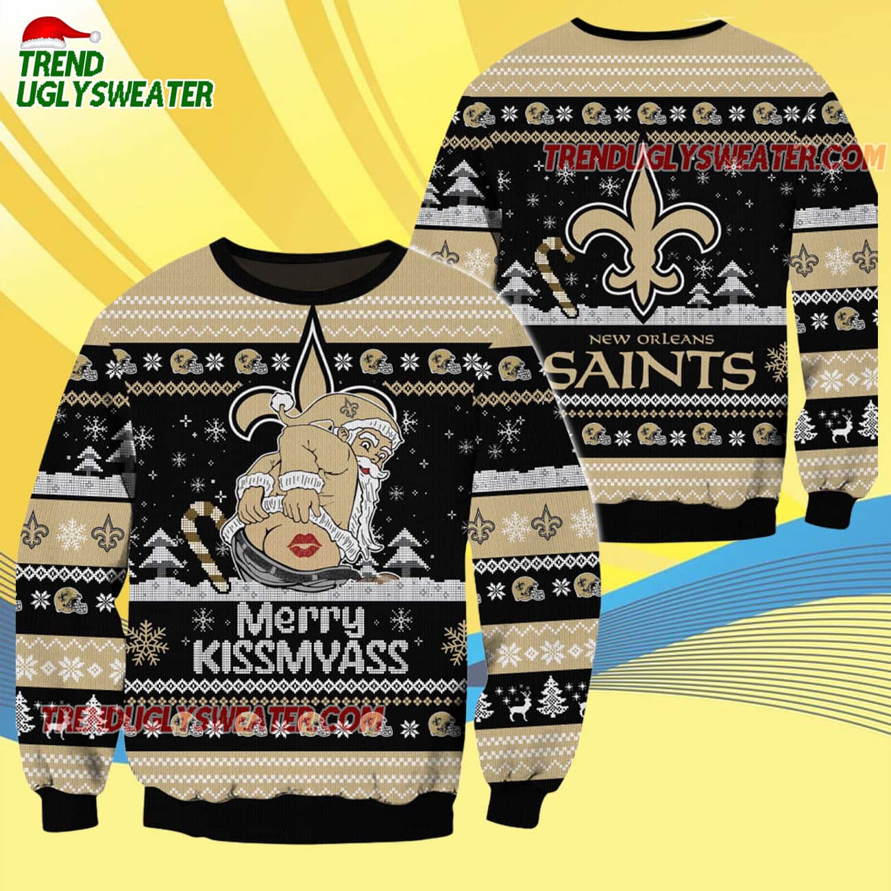 New Orleans Saints Merrykissmyass Funny Santa Claus Christmas Ugly Sweater New Orleans Saints Merrykissmyass Funny Santa Claus Christmas Ugly Sweater
