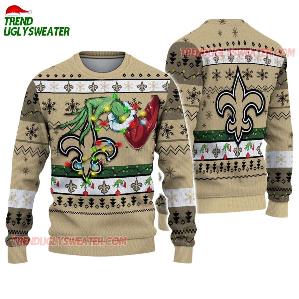 New Orleans Saints Special Grinchs Hand Football Christmas Ugly Sweater 1
