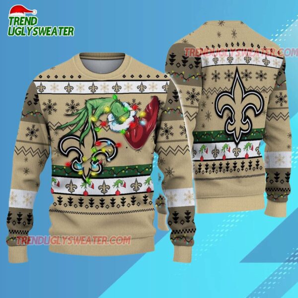 New Orleans Saints Special Grinchs Hand Football Christmas Ugly Sweater 3