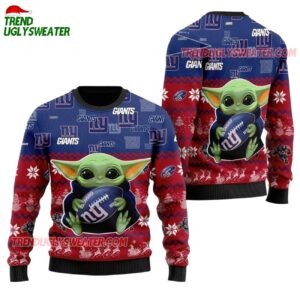 New York Giants Baby Yoda Hug The Ball Christmas Ugly Sweater 1