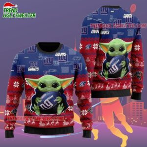 New York Giants Baby Yoda Hug The Ball Christmas Ugly Sweater 2