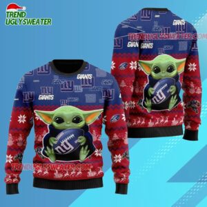 New York Giants Baby Yoda Hug The Ball Christmas Ugly Sweater 3