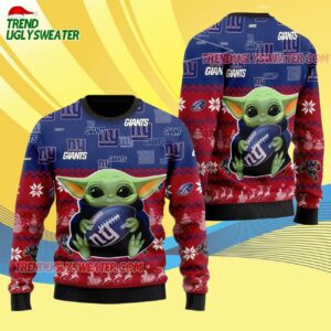 New York Giants Baby Yoda Hug The Ball Christmas Ugly Sweater 4