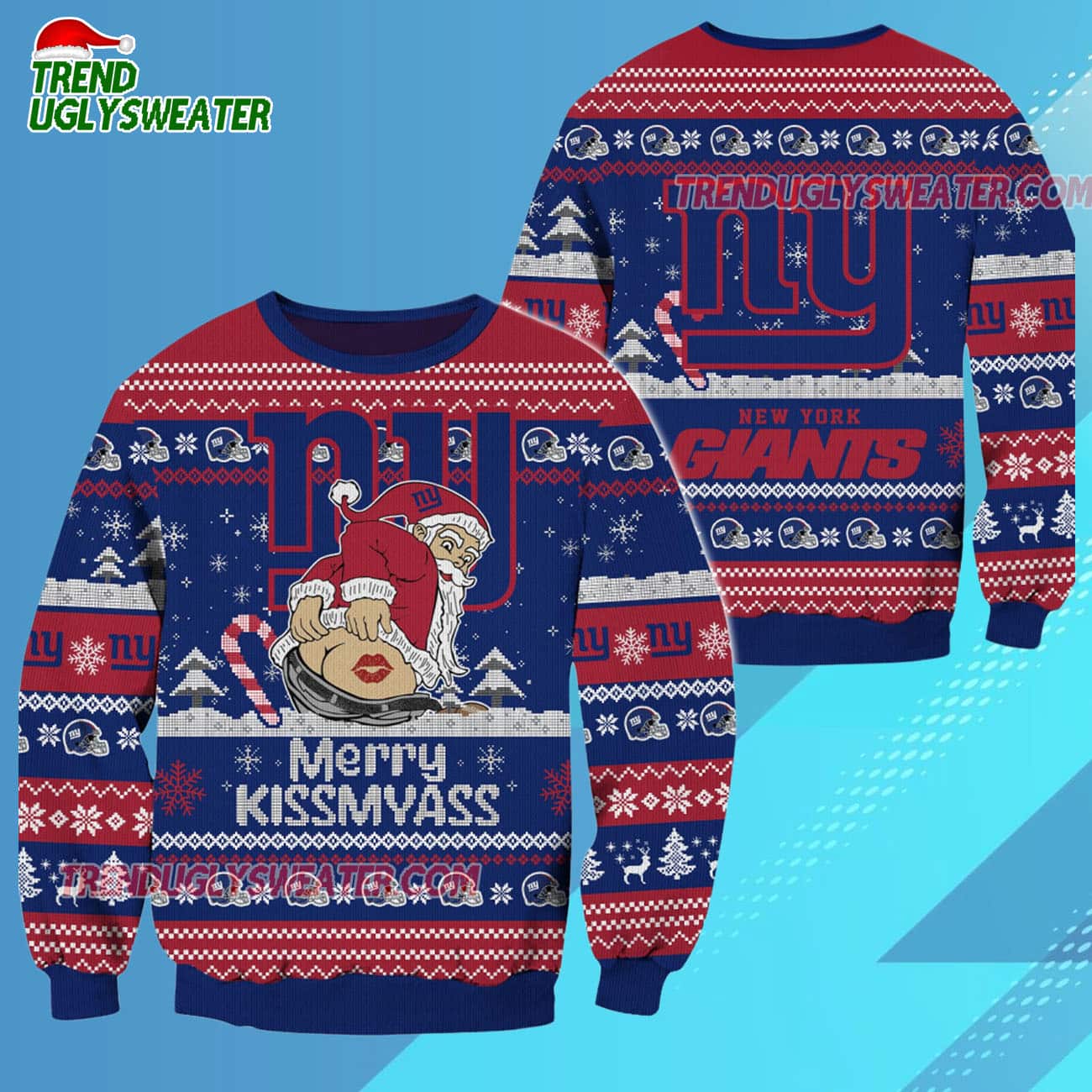 New York Giants Merrykissmyass Funny Santa Claus Christmas Ugly Sweater New York Giants Merrykissmyass Funny Santa Claus Christmas Ugly Sweater