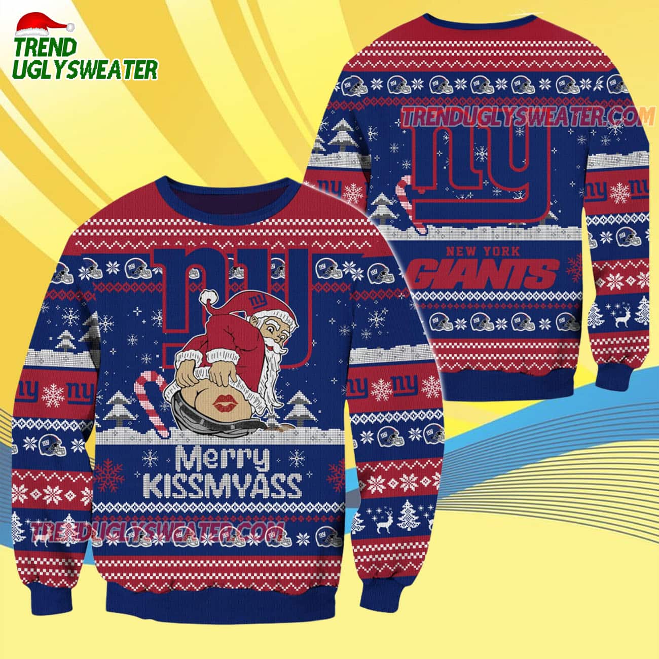 New York Giants Merrykissmyass Funny Santa Claus Christmas Ugly Sweater New York Giants Merrykissmyass Funny Santa Claus Christmas Ugly Sweater