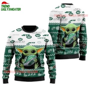 New York Jets Baby Yoda Hug The Ball Christmas Ugly Sweater 1