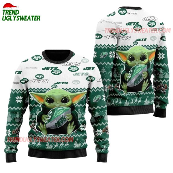 New York Jets Baby Yoda Hug The Ball Christmas Ugly Sweater 1
