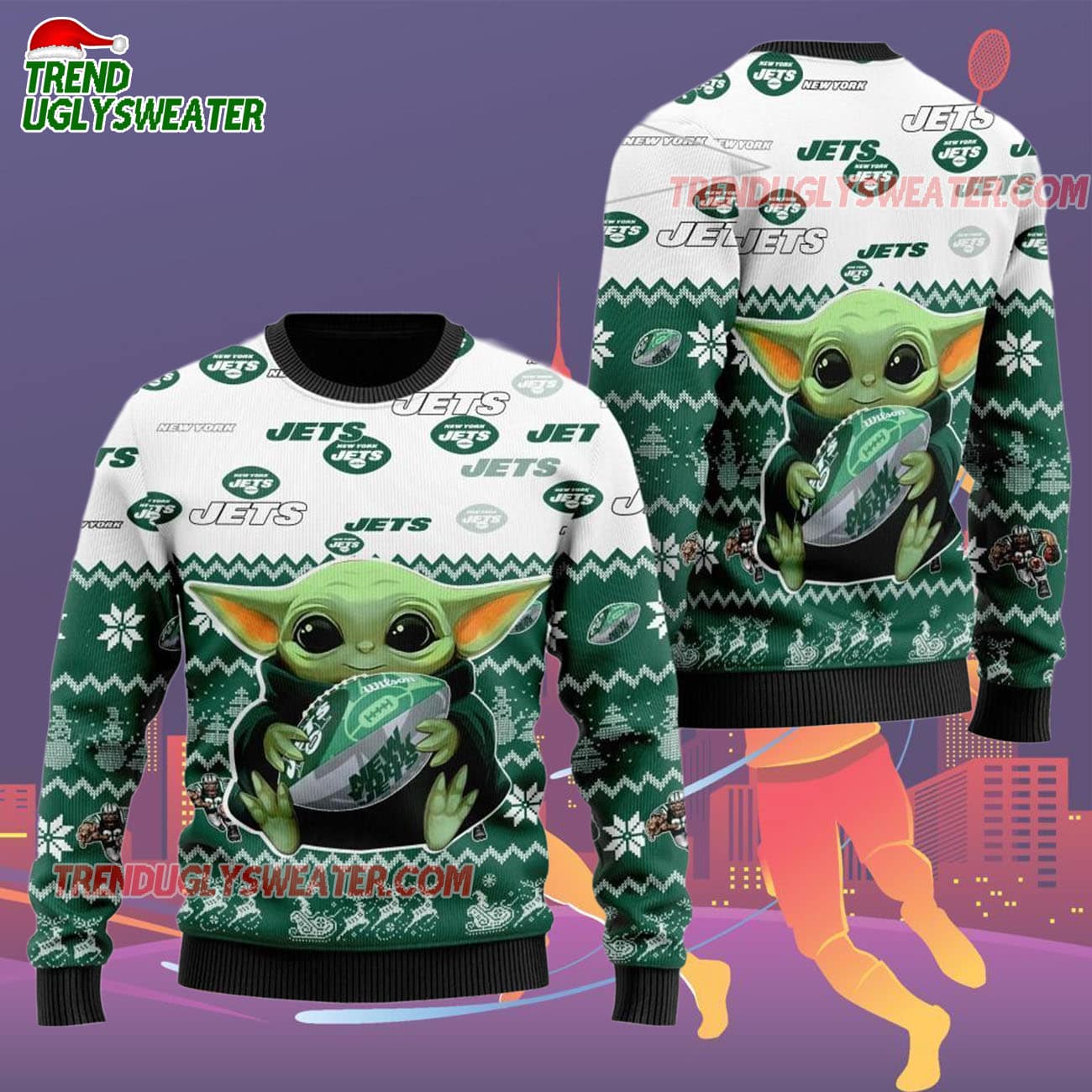 New York Jets Baby Yoda Hug The Ball Christmas Ugly Sweater New York Jets Baby Yoda Hug The Ball Christmas Ugly Sweater