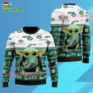 New York Jets Baby Yoda Hug The Ball Christmas Ugly Sweater 3