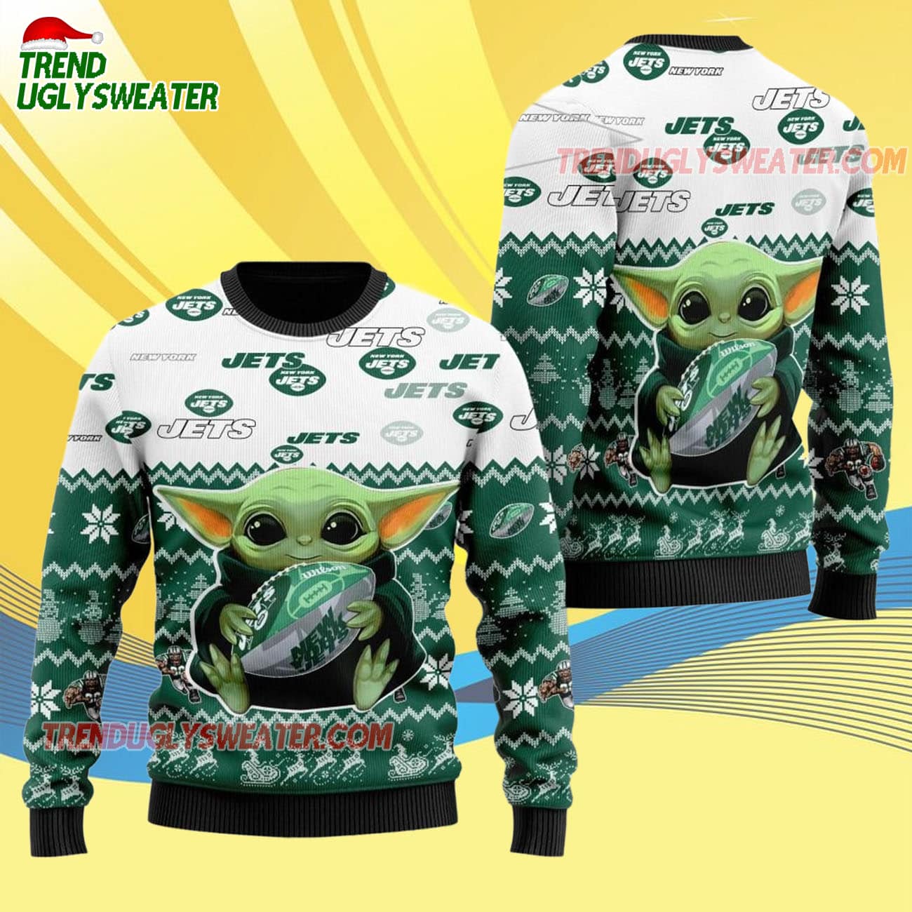 New York Jets Baby Yoda Hug The Ball Christmas Ugly Sweater New York Jets Baby Yoda Hug The Ball Christmas Ugly Sweater