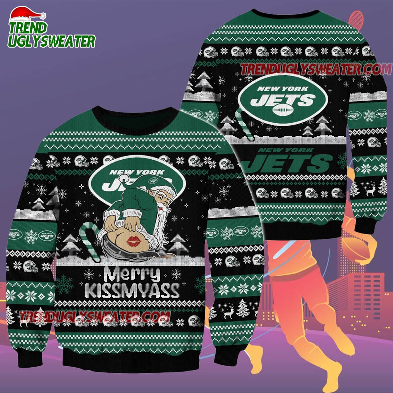 New York Jets Merrykissmyass Funny Santa Claus Christmas Ugly Sweater New York Jets Merrykissmyass Funny Santa Claus Christmas Ugly Sweater