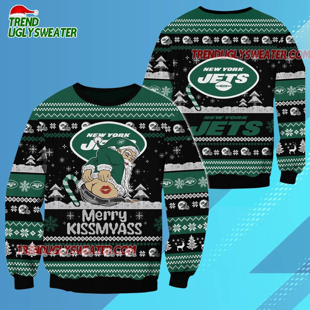 New York Jets Merrykissmyass Funny Santa Claus Christmas Ugly Sweater New York Jets Merrykissmyass Funny Santa Claus Christmas Ugly Sweater